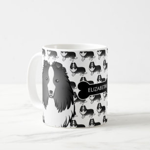 Bi-Black Cartoon Sheltie With Dog Bone & Name Coffee Mug