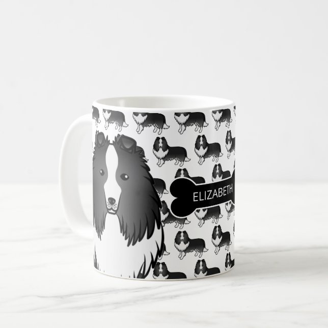 Bi-Black Cartoon Sheltie With Dog Bone & Name Coffee Mug (Front Left)