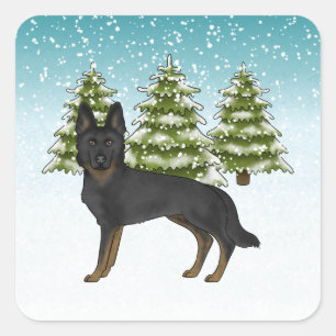 Bi-Black German Shepherd Blue Green Winter Forest Square Sticker