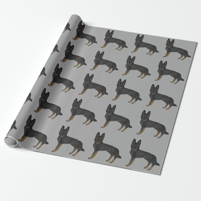 Bi-Black German Shepherd Cartoon Dog Pattern Grey Wrapping Paper (Unrolled)