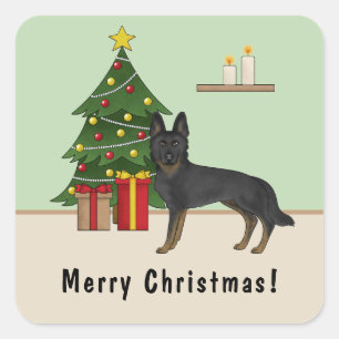 Bi-Black German Shepherd Christmas Tree With Text Square Sticker