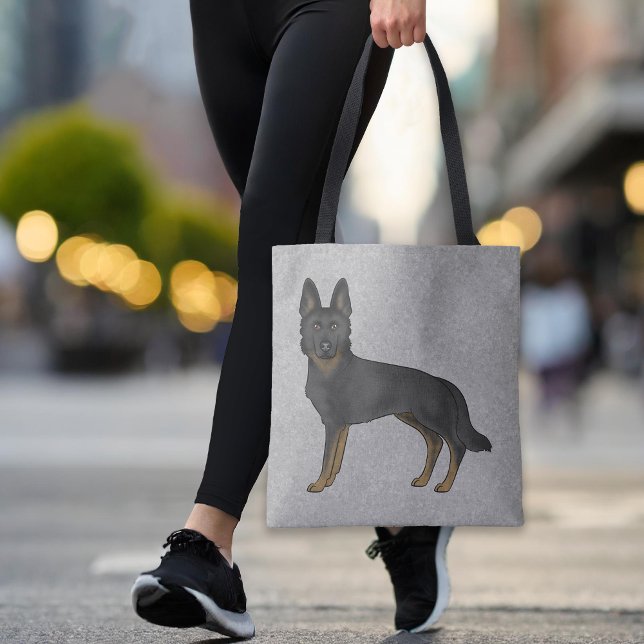 Bi-Black German Shepherd Cute Cartoon Dog Grey Tote Bag (Please note: This image is a digital mockup. The product may not be in scale.)