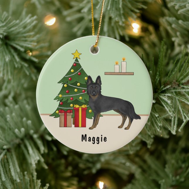 Bi-Black German Shepherd Festive Christmas Tree Ceramic Ornament (Tree)