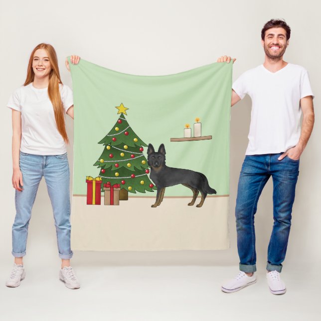 Bi-Black German Shepherd Festive Christmas Tree Fleece Blanket (In Situ)