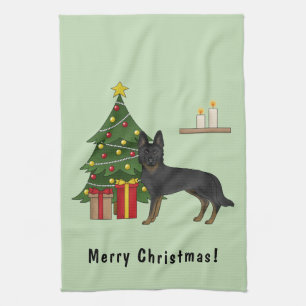 Bi-Black German Shepherd Festive Christmas Tree Tea Towel