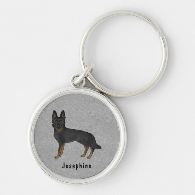 Bi-Black German Shepherd GSD Dog With Custom Name Key Ring (Front)