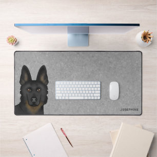 Bi-Black German Shepherd Head And Custom Name Grey Desk Mat