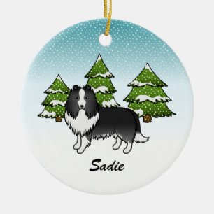 Bi-Black Sheltie Cartoon Dog In Winter & Name Ceramic Ornament