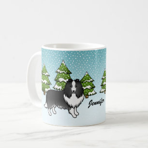 Bi-Black Sheltie Cartoon Dog In Winter & Name Coffee Mug