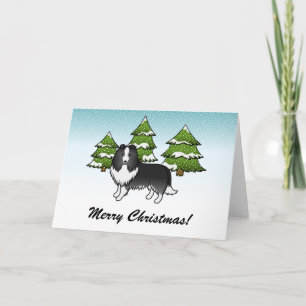 Bi-Black Sheltie Cartoon Dog In Winter & Text Card