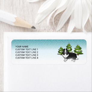 Bi-Black Sheltie Cartoon Dog In Winter & Text Return Address Label
