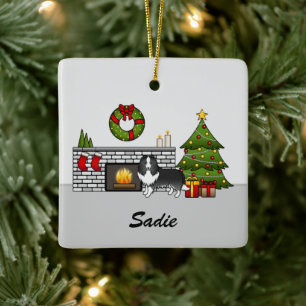 Bi-Black Sheltie Dog In A Christmas Room & Name Ceramic Ornament