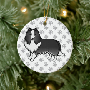 Bi-Black Shetland Sheepdog Cartoon Dog & Paws Ceramic Ornament
