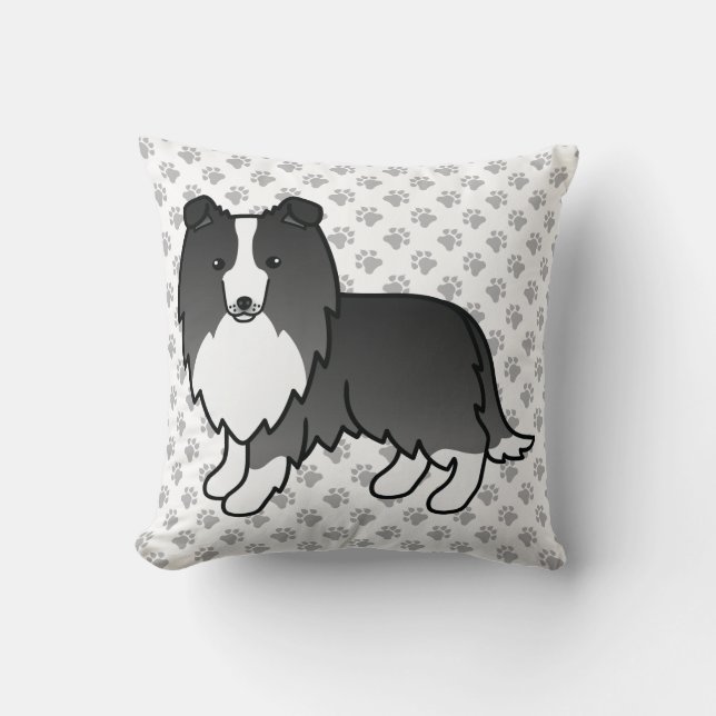 Bi-Black Shetland Sheepdog Cartoon Dog & Paws Cushion (Front)