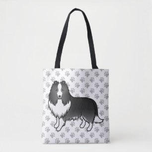 Bi-Black Shetland Sheepdog Cartoon Dog & Paws Tote Bag