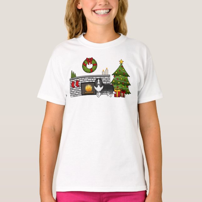 Bi-Black Shetland Sheepdog Dog In A Christmas Room T-Shirt (Front)