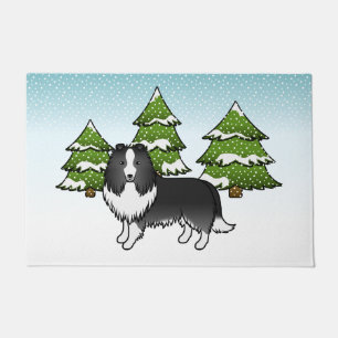 Bi-Black Shetland Sheepdog In A Winter Forest Doormat