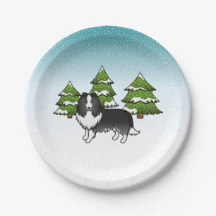 Bi-Black Shetland Sheepdog In A Winter Forest Paper Plate