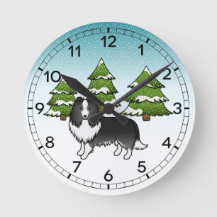 Bi-Black Shetland Sheepdog In A Winter Forest Round Clock