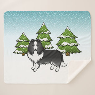 Bi-Black Shetland Sheepdog In A Winter Forest Sherpa Blanket