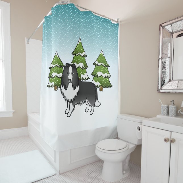 Bi-Black Shetland Sheepdog In A Winter Forest Shower Curtain (In Situ)
