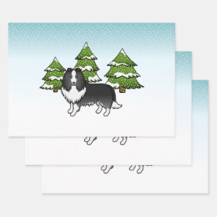 Bi-Black Shetland Sheepdog In A Winter Forest Wrapping Paper Sheet