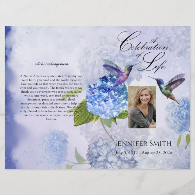 Bi-Fold Blue Hydrangeas Funeral Program Flyer (Front)