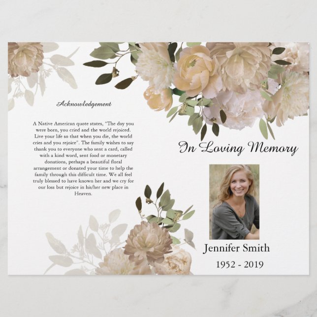 Bi-Fold Cream Tan Peony Funeral Program  Flyer (Front)