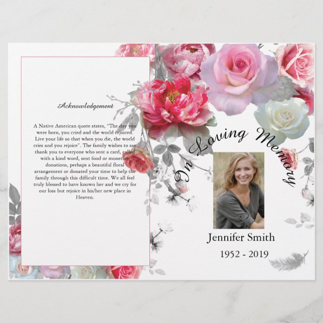 Bi-Fold Pink & Grey Roses Funeral Program Flyer (Front)