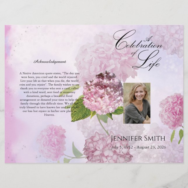 Bi-Fold Pink Hydrangeas Funeral Program Flyer (Front)