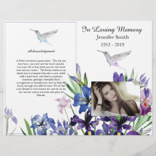 Bi-Fold Purple Irises Hummingbird Funeral Program Flyer