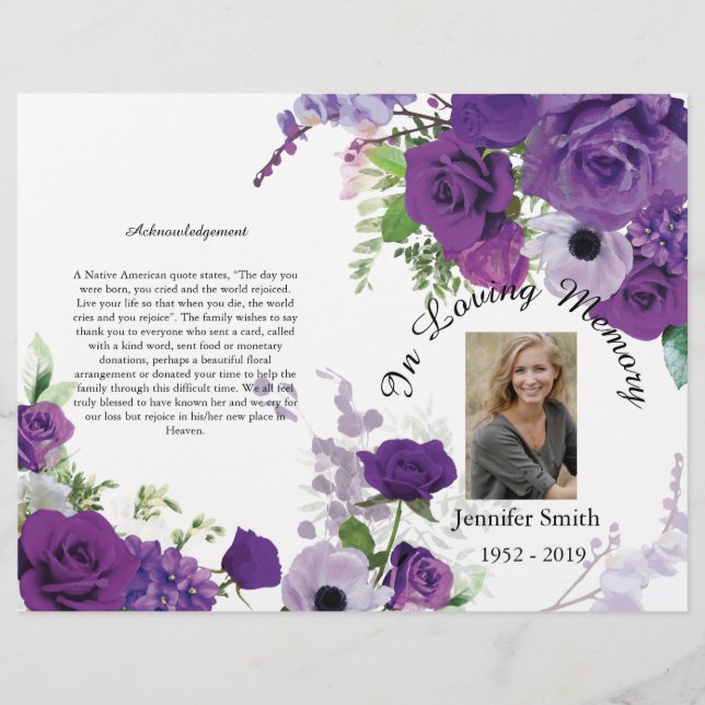 Bi-Fold Purple Roses Funeral Program Flyer (Front)