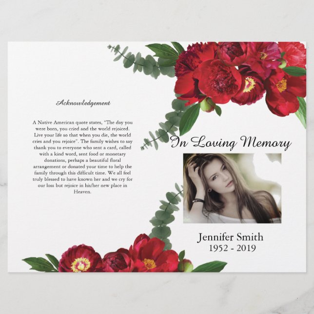 Bi-Fold Red Peony Funeral Program Flyer (Front)