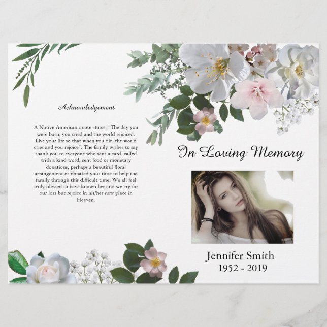 Bi-Fold White Cherry Blossom Rose Funeral Program Flyer (Front)