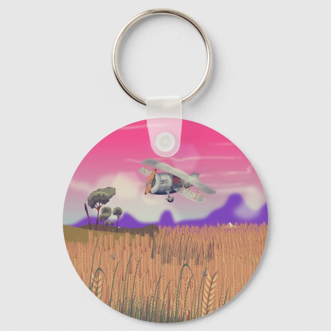 Bi-Plane Flying over crops under setting sun Key Ring (Front)