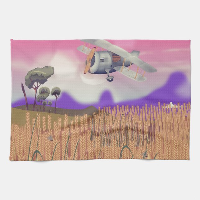 Bi-Plane Flying over crops under setting sun Tea Towel (Horizontal)