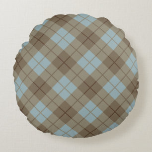 Bias Plaid in Blue and Brown Round Cushion