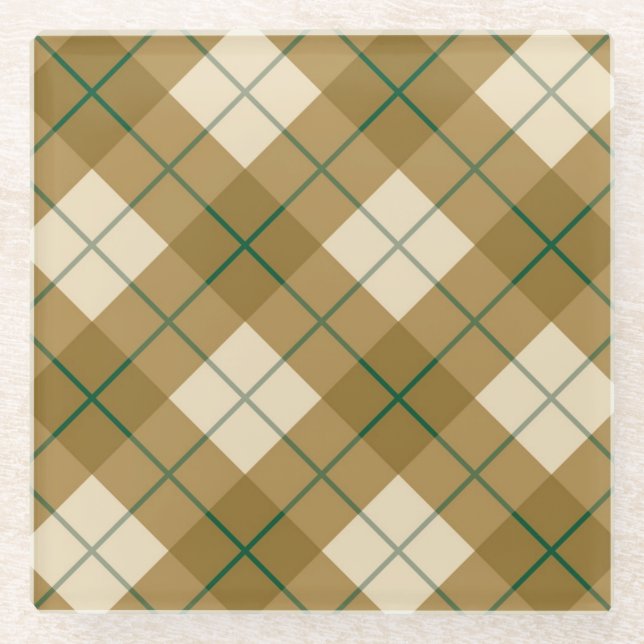 Bias Plaid in Gold with Green Stripe Glass Coaster (Front)