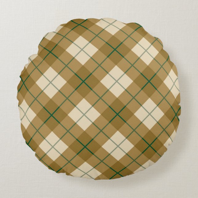 Bias Plaid in Gold with Green Stripe Round Cushion (Front)