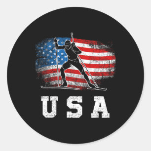 Biathlon Usa! Patriotic Skiing And Rifle Shooting Classic Round Sticker