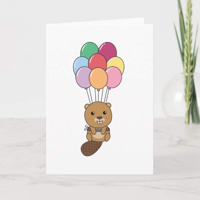 Biber Flies Up With Colorful Balloons Card (Front)