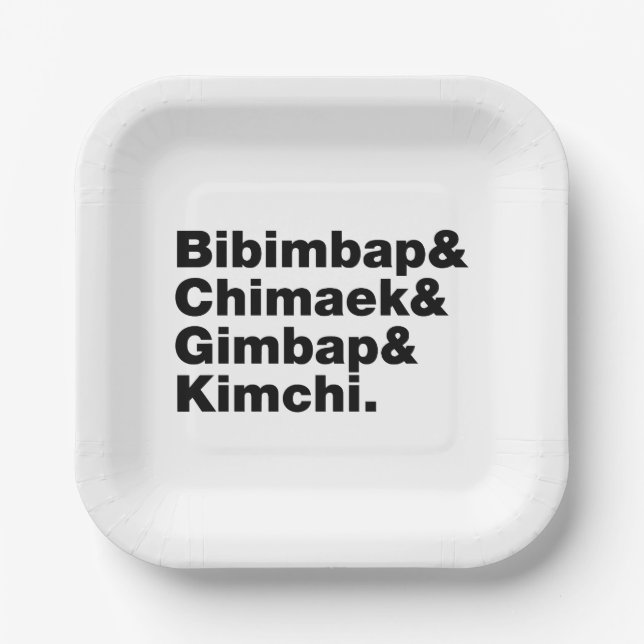 Bibimbap & Chimaek & Gimbap & Kimchi. Korean Foods Paper Plate (Front)
