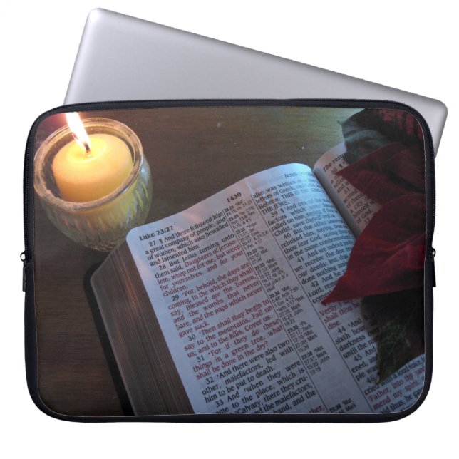 Bible, Candle, and Poinsetta Laptop Sleeve (Front)