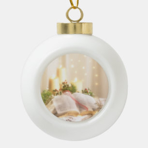 Bible, Candles and Holly - Ceramic Ball Christmas Ornament