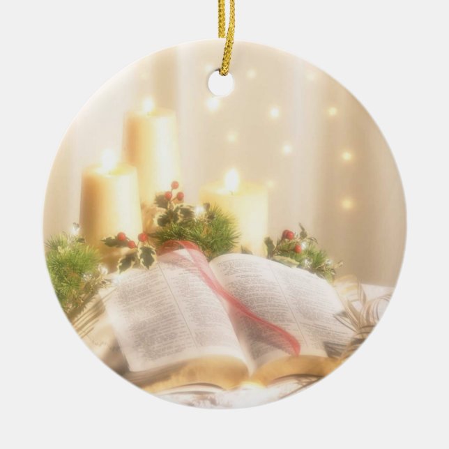 Bible, Candles and Holly - Ceramic Ornament (Front)