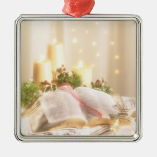 Bible, Candles and Holly - Metal Ornament