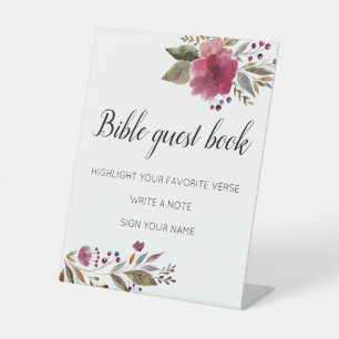 Bible Guest Book Burgundy Floral Wedding Pedestal Sign