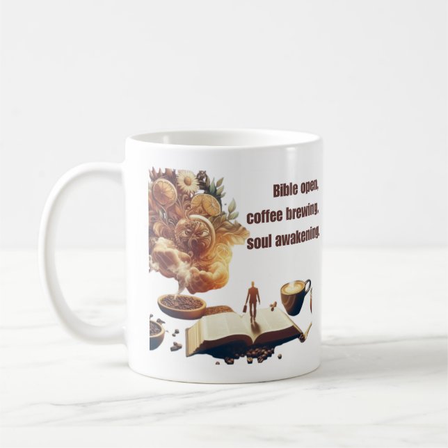 Bible open, coffee brewing, soul awakening coffee mug (Left)