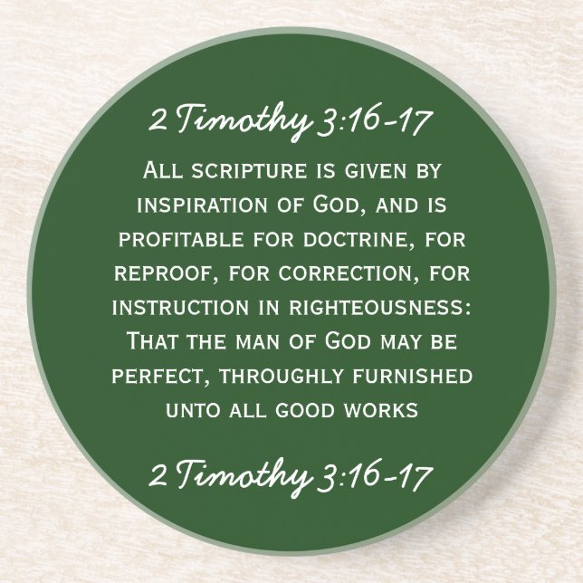 Bible passage 2 Timothy 3:16-17 in white text. Coaster (Front)