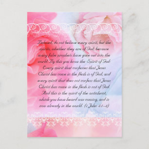 Bible passage, pink roses on blue postcard